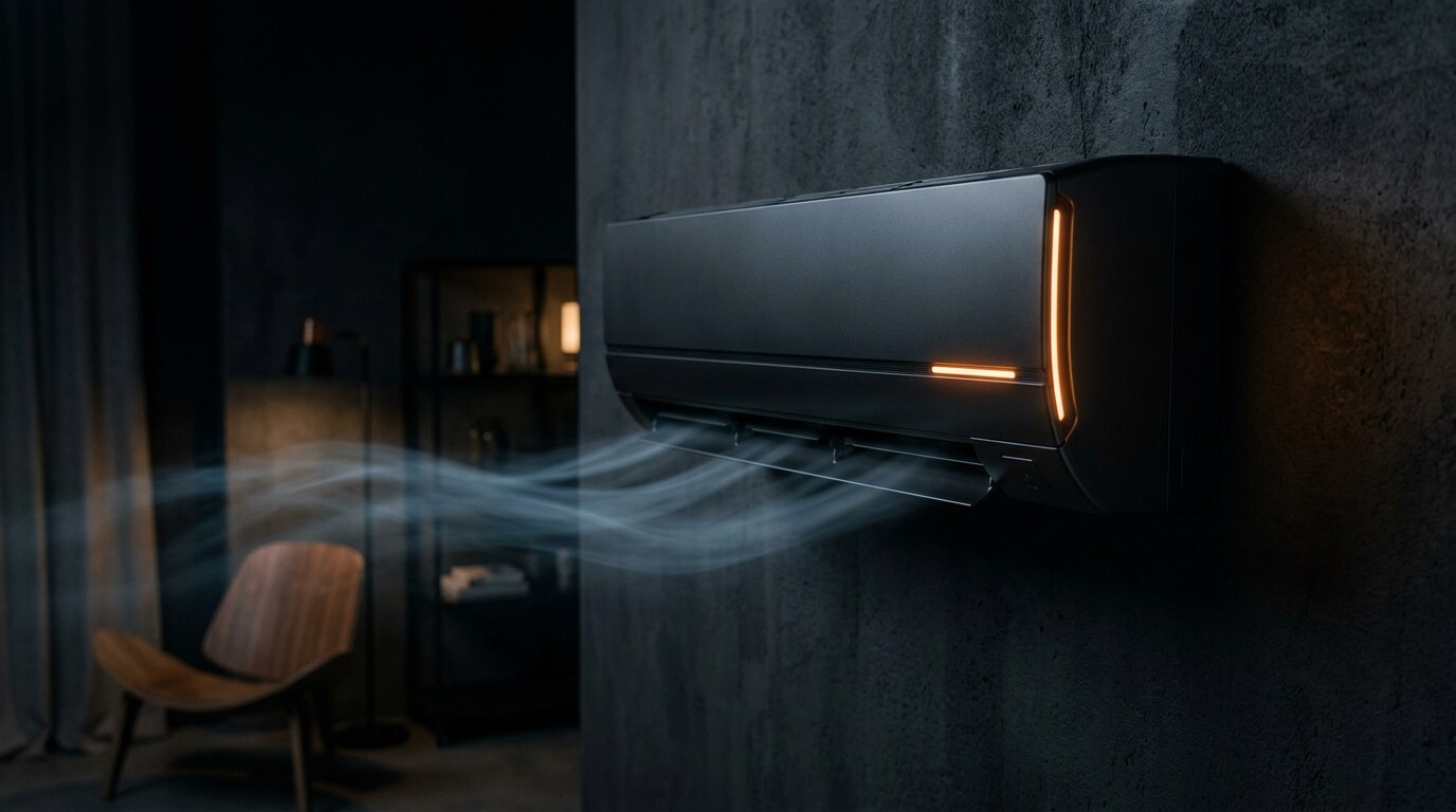 Modern iç mekânda duvar tipi inverter klima ve enerji verimliliği teması