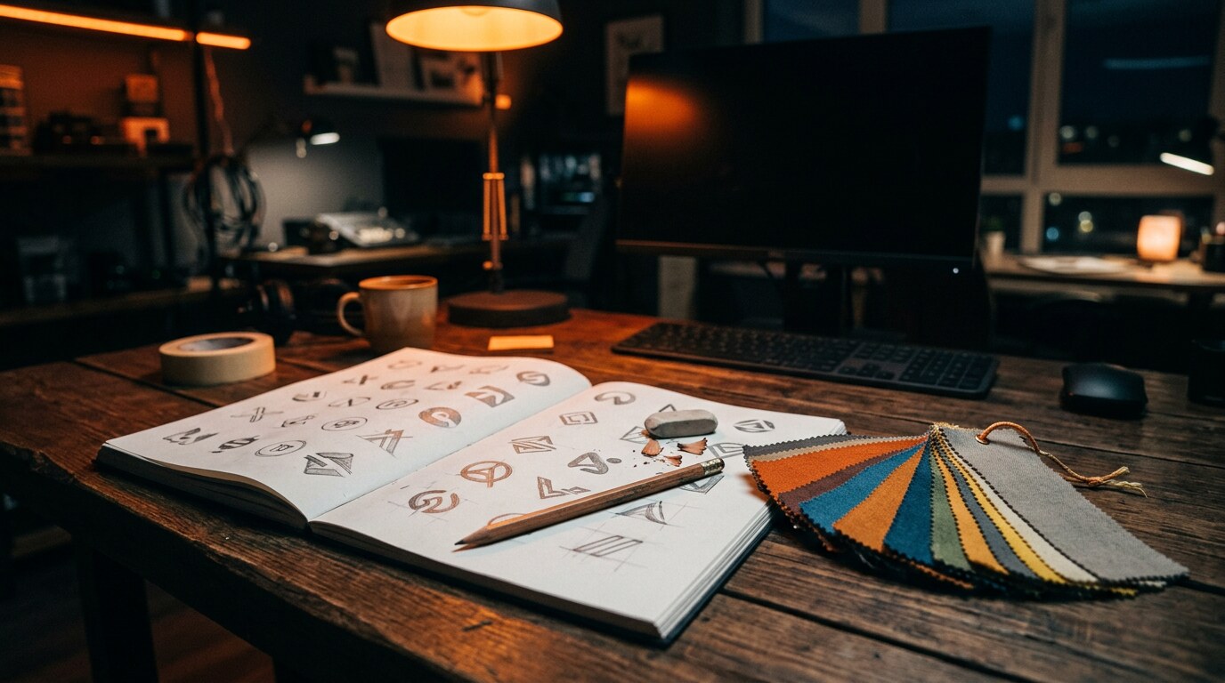 Logo tasarım süreci, renk paleti ve marka kimliği çalışma masası