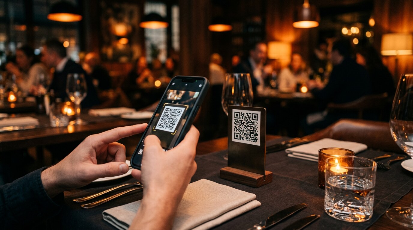 QR menü ve online rezervasyon, restoran masasında telefon mockup görüntüsü