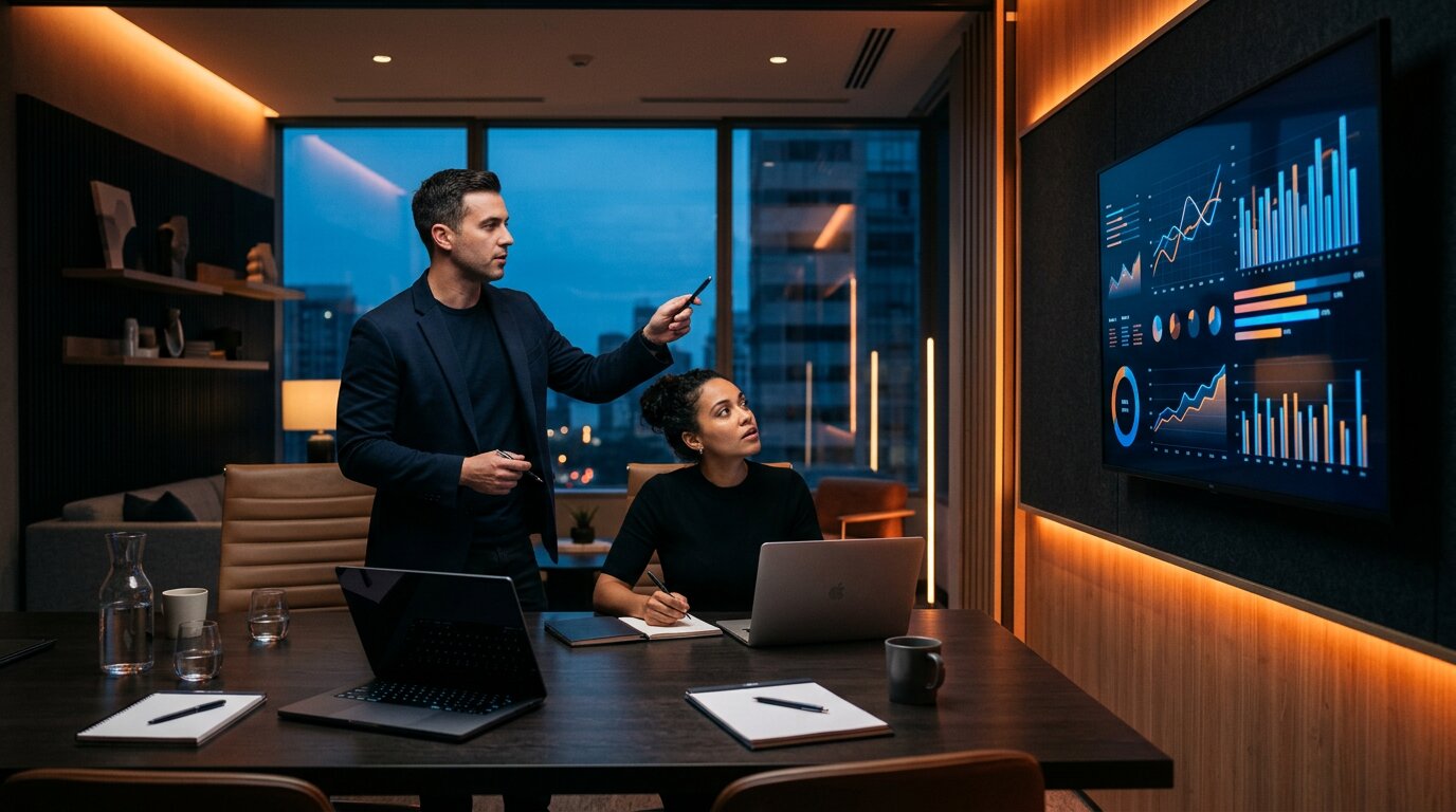 Ajans seçimi ve reklam performansı değerlendirmesini çağrıştıran sinematik sahne