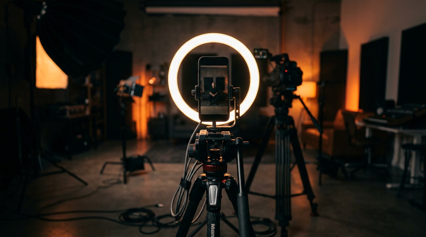 Dikey kısa video prodüksiyonunu çağrıştıran sinematik stüdyo sahnesi