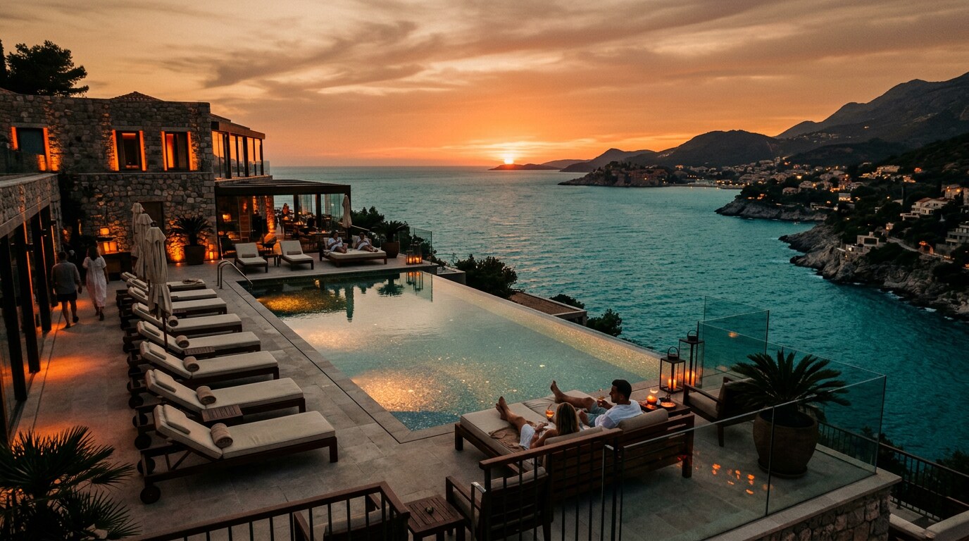 Sahilde yazlık otel ve tatil atmosferi, gün batımında turkuaz deniz manzarası