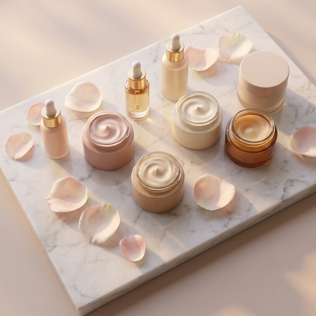 Güzellik ürünleri flat lay kreatif örneği